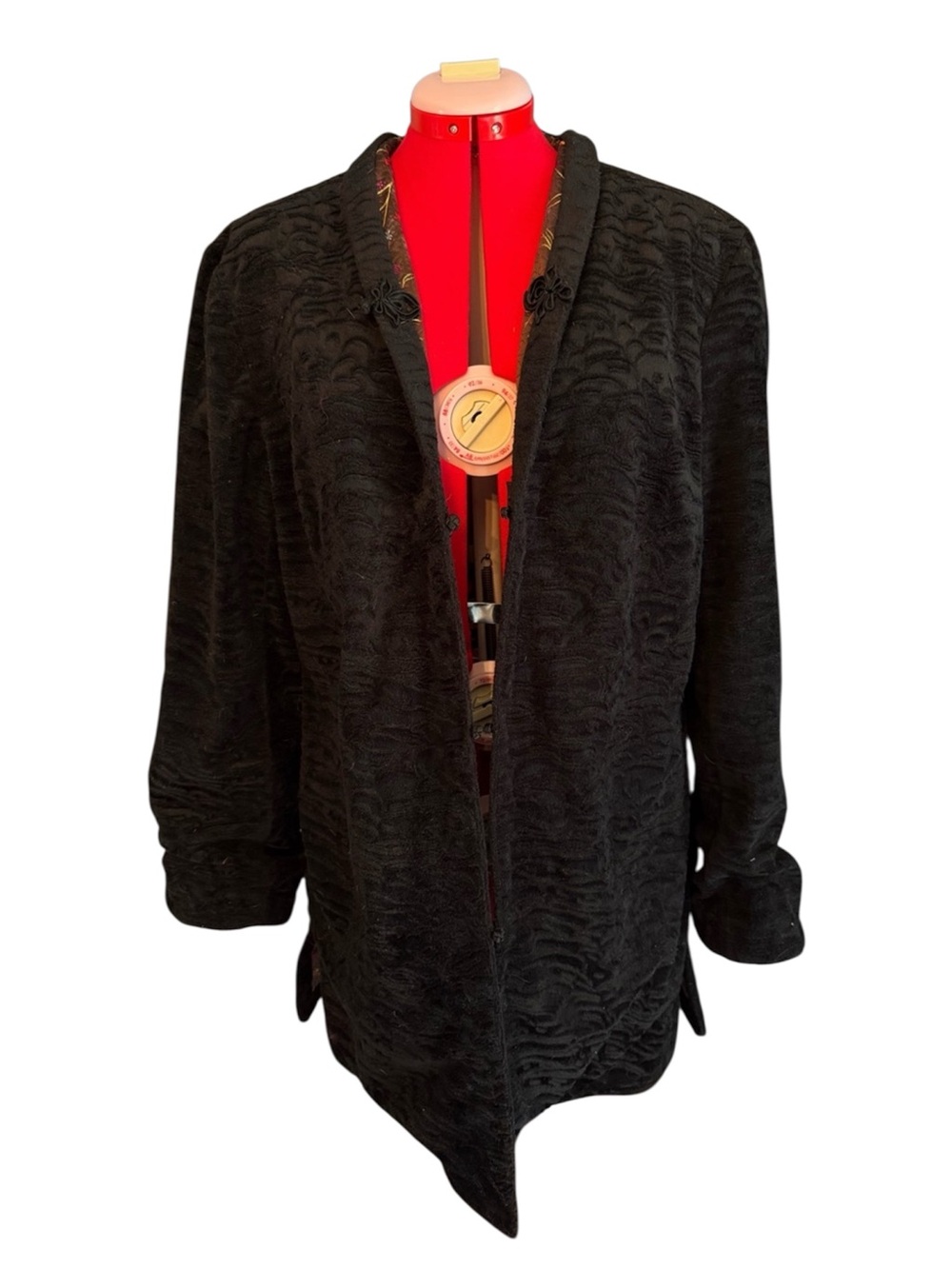 Vintage Astrakhan Texture Black Coat Embroidered Silk-Feel Lining M/L